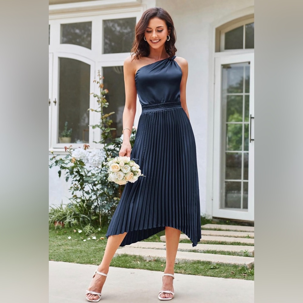 Navy One Shoulder Satin Pleated Midi Dress
